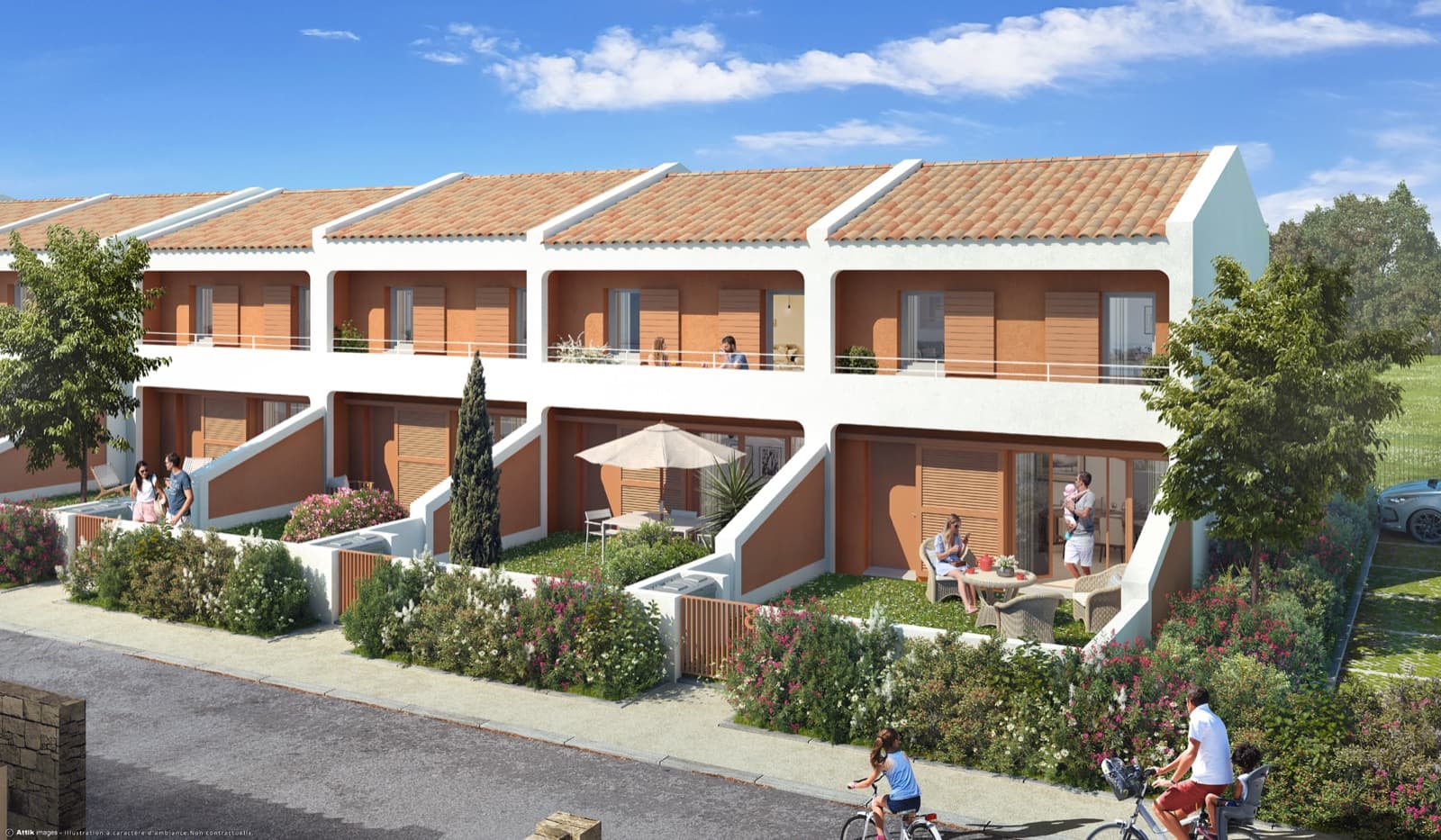 Perspective d'une résidence Arc Immo à Saint-Rémy-de-Provence: maisons en bande aux toits de tuiles, terrasses et jardins privatifs plantés.