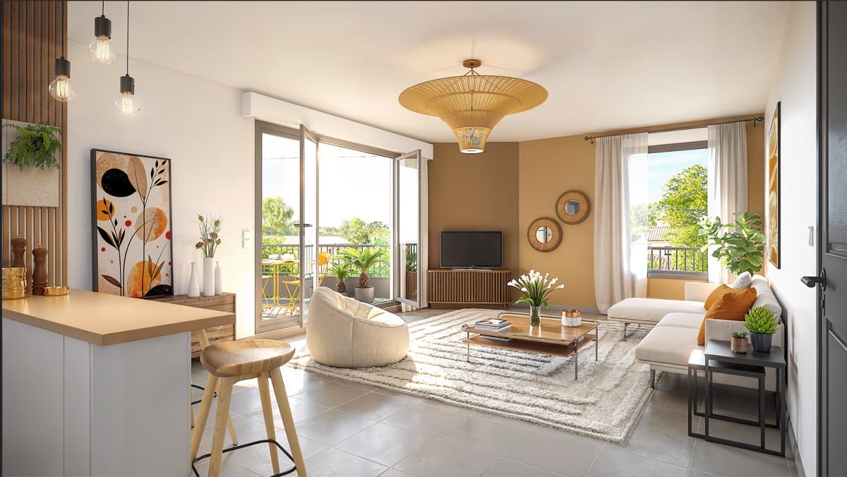 Séjour lumineux d'un appartement neuf: séjour ouvert sur une terrasse plantée, murs ocre doux et mobilier contemporain.
